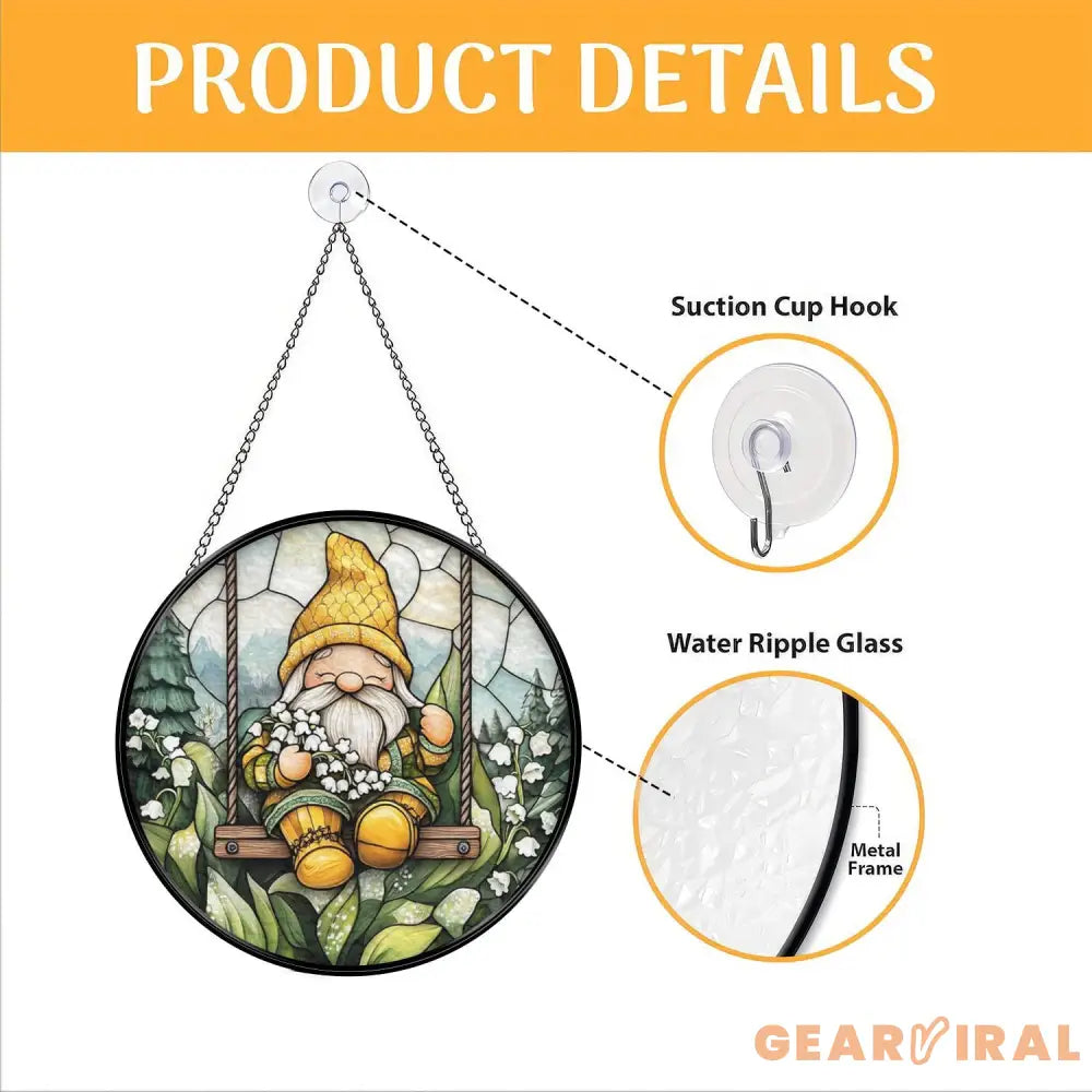 Gnome on Swing Stained Glass Suncatcher Lily of the Valley Flower Window Hanging Whimsical Forest Garden Decor Cute