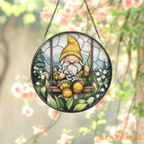 Gnome on Swing Stained Glass Suncatcher Lily of the Valley Flower Window Hanging Whimsical Forest Garden Decor Cute