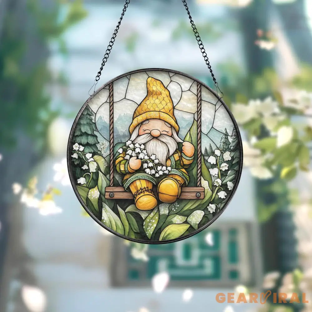 Gnome on Swing Stained Glass Suncatcher Lily of the Valley Flower Window Hanging Whimsical Forest Garden Decor Cute