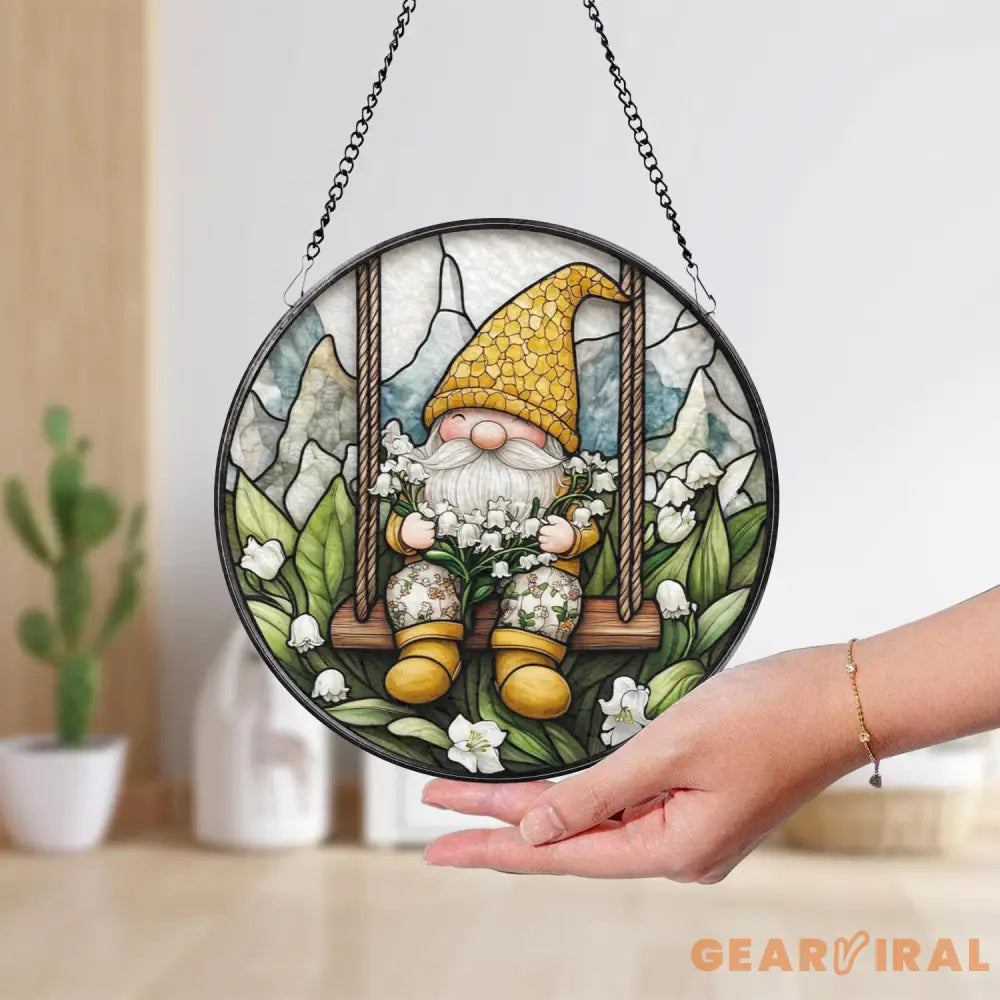 Gnome Stained Glass Suncatcher Lily of the Valley Window Hanging Whimsical Garden Decor Cute Floral Swing Ornament