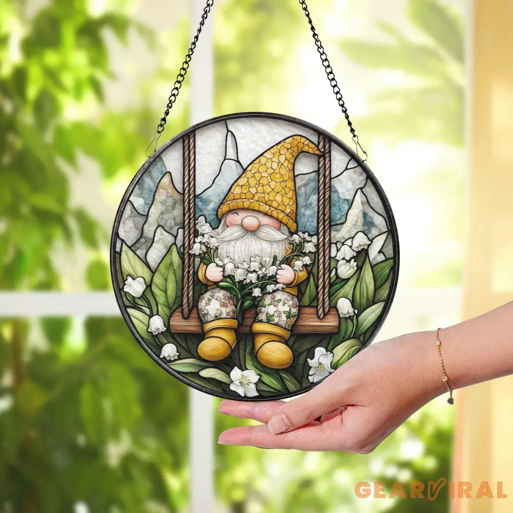 Gnome Stained Glass Suncatcher Lily of the Valley Window Hanging Whimsical Garden Decor Cute Floral Swing Ornament