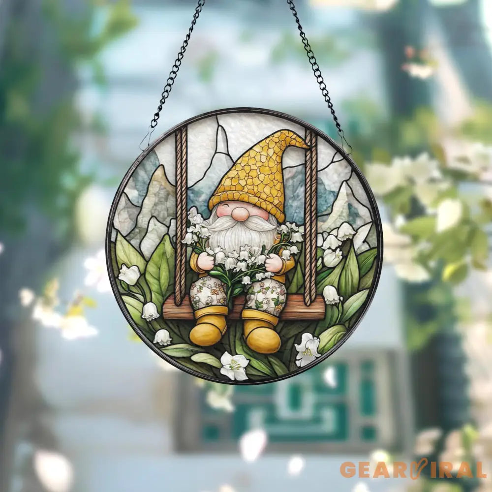 Gnome Stained Glass Suncatcher Lily of the Valley Window Hanging Whimsical Garden Decor Cute Floral Swing Ornament