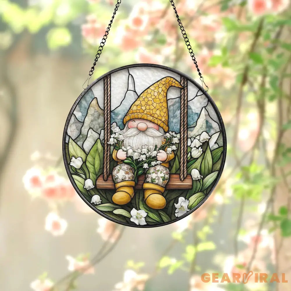 Gnome Stained Glass Suncatcher Lily of the Valley Window Hanging Whimsical Garden Decor Cute Floral Swing Ornament