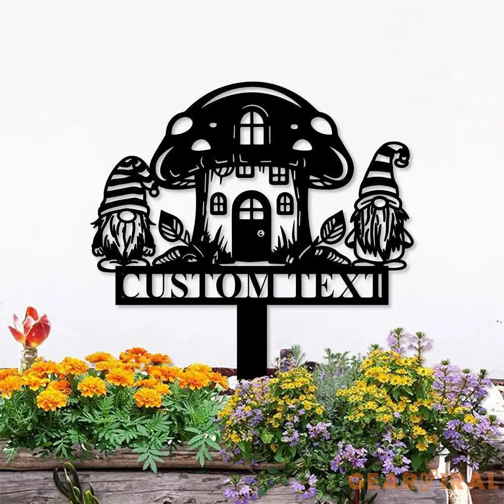 Gnomes House Garden Sign Mushroom House Metal Stake Personalized Name Yard Sign Outdoor Door Garden Decor Metal Sign