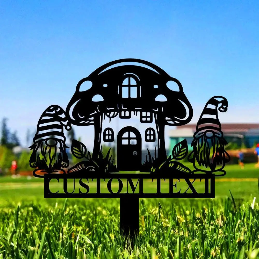 Gnomes House Garden Sign Mushroom House Metal Stake Personalized Name Yard Sign Outdoor Door Garden Decor Metal Sign