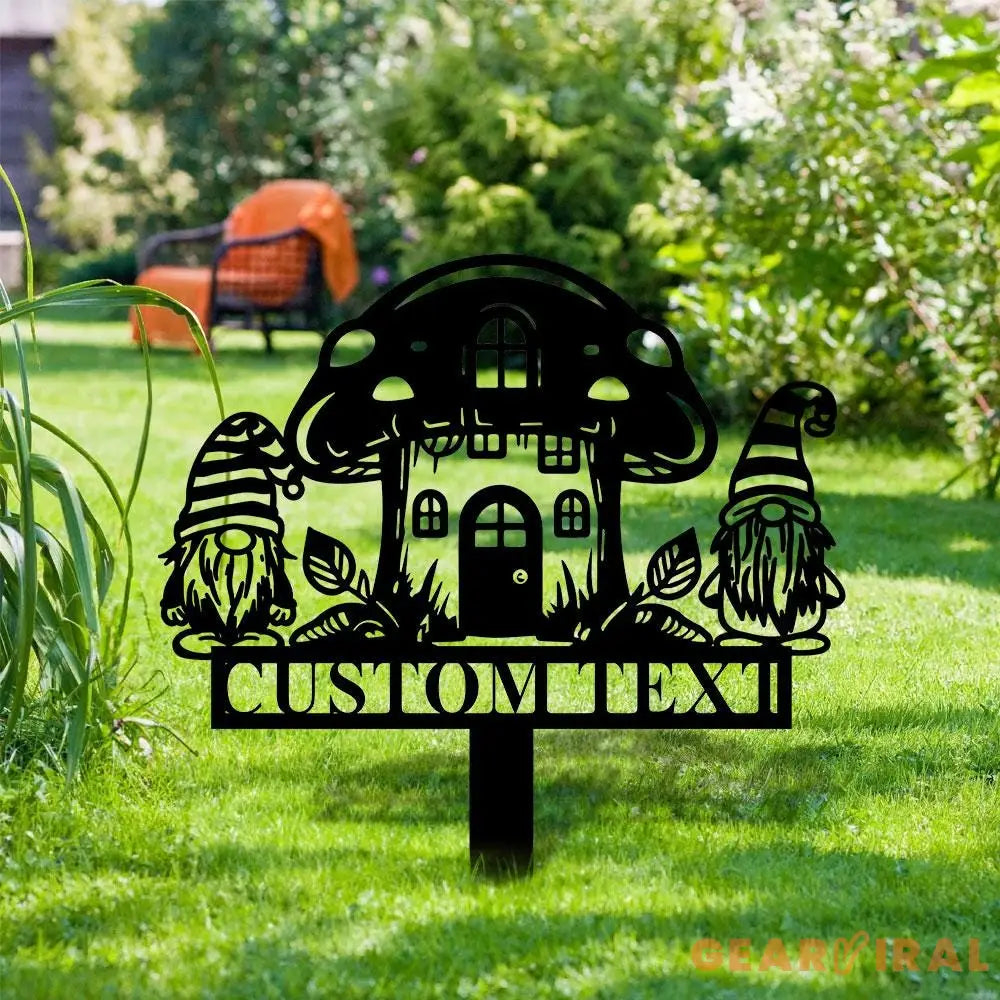 Gnomes House Garden Sign Mushroom House Metal Stake Personalized Name Yard Sign Outdoor Door Garden Decor Metal Sign
