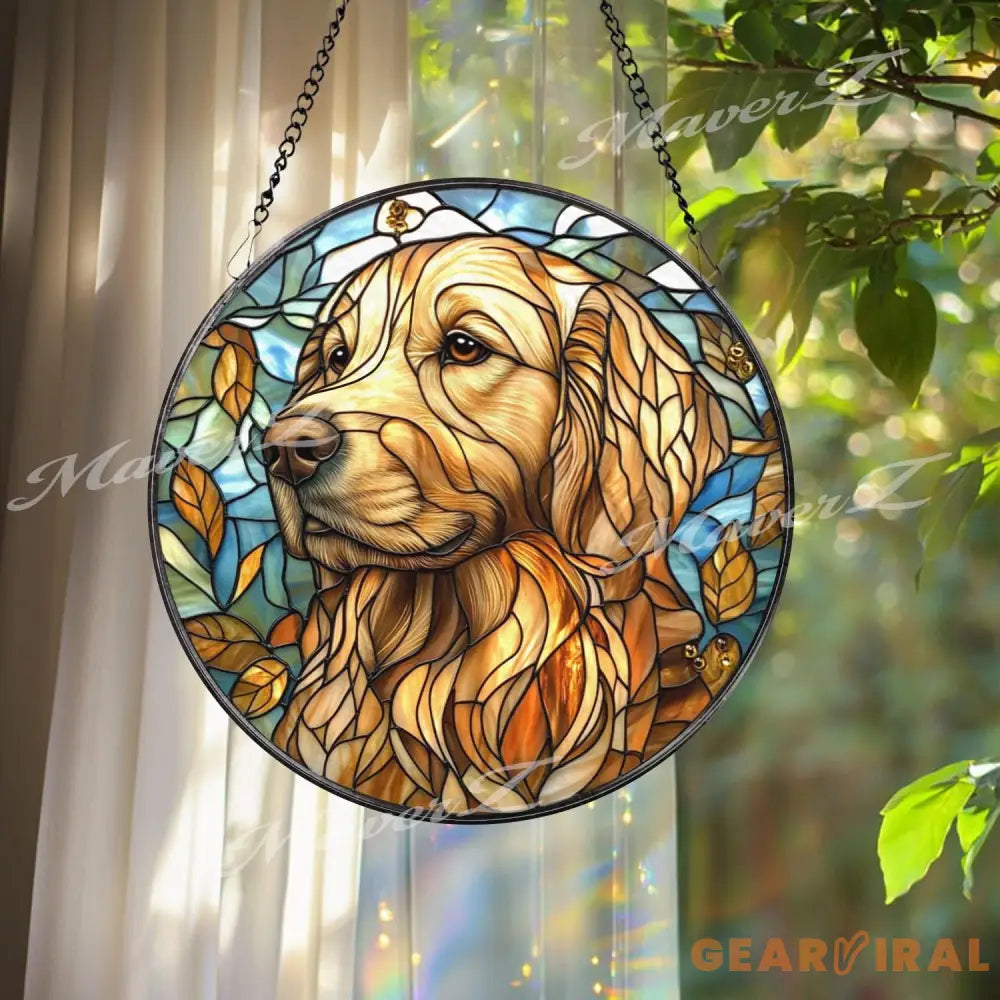 Golden Retriever Stained Glass Suncatcher Autumn Dog Window Hanging Pet Memorial Glass Art Dog Lover Gift Warm Rustic
