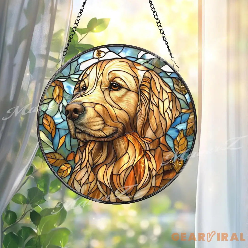Golden Retriever Stained Glass Suncatcher Autumn Dog Window Hanging Pet Memorial Glass Art Dog Lover Gift Warm Rustic