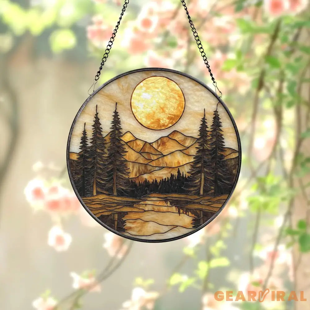 Golden Sunset Forest Stained Glass Suncatcher Tranquil Mountain Landscape Window Art Nature Retreat Gift for Rustic
