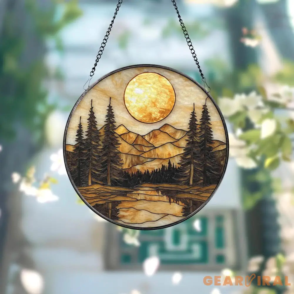 Golden Sunset Forest Stained Glass Suncatcher Tranquil Mountain Landscape Window Art Nature Retreat Gift for Rustic