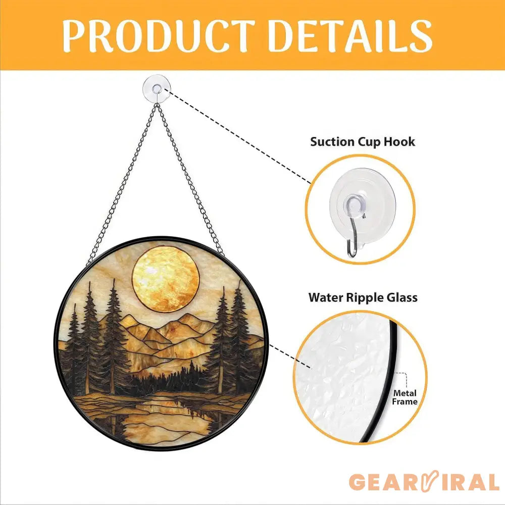 Golden Sunset Forest Stained Glass Suncatcher Tranquil Mountain Landscape Window Art Nature Retreat Gift for Rustic