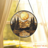 Golden Sunset Forest Stained Glass Suncatcher Tranquil Mountain Landscape Window Art Nature Retreat Gift for Rustic