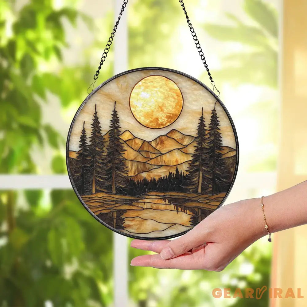 Golden Sunset Forest Stained Glass Suncatcher Tranquil Mountain Landscape Window Art Nature Retreat Gift for Rustic