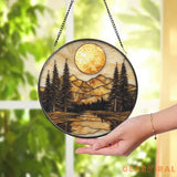 Golden Sunset Forest Stained Glass Suncatcher Tranquil Mountain Landscape Window Art Nature Retreat Gift for Rustic