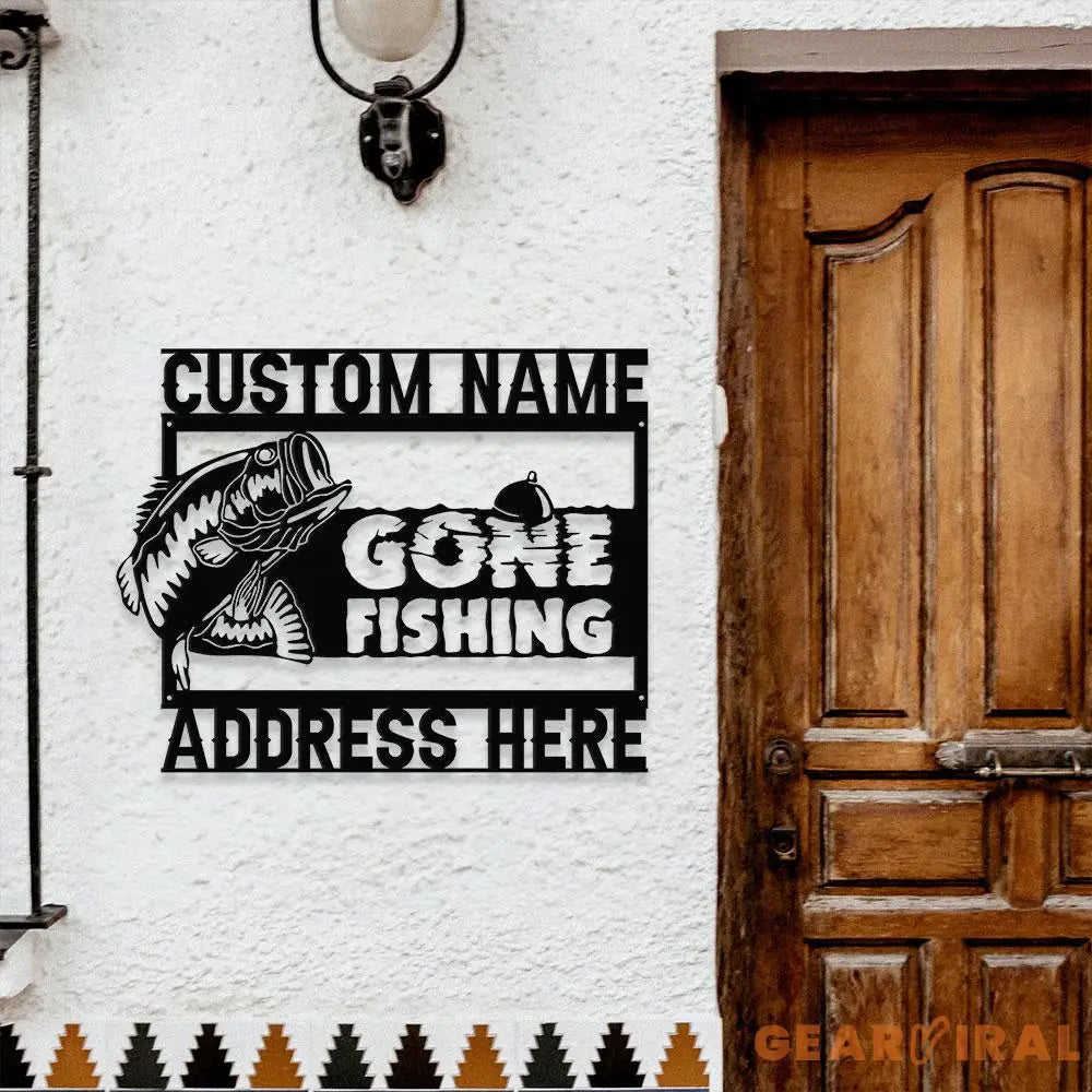 Gone Fishing Number Address Metal Sign Personalized Family Name Metal Sign Outdoor Door Decor Address Wall Art Gift for