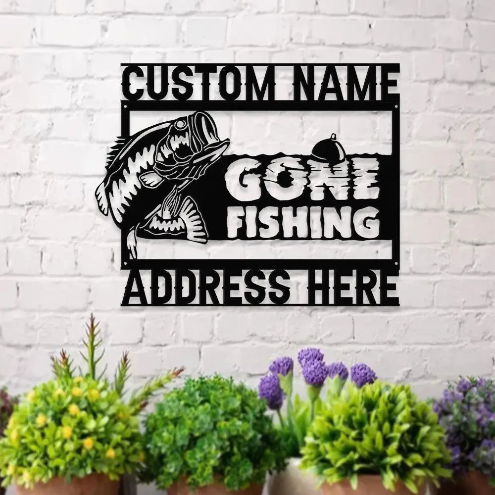 Gone Fishing Number Address Metal Sign Personalized Family Name Metal Sign Outdoor Door Decor Address Wall Art Gift for