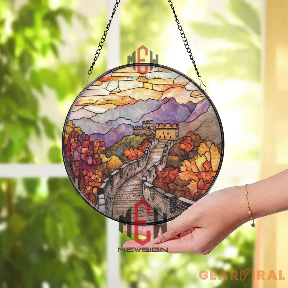 Great Wall of China Stained Glass Suncatcher Autumn Mountain Panel Asian Travel Window Art Historic Landscape Glass