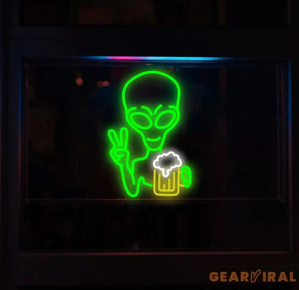 Green Alien Drinking Beer Neon Sign LED Signs for Wall Decor Signs for Bedroom Man Cave Game Room Bar Beer Pub Sign