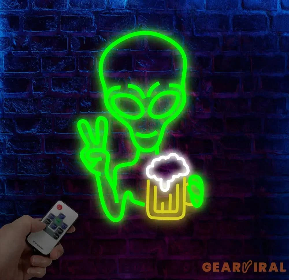 Green Alien Drinking Beer Neon Sign LED Signs for Wall Decor Signs for Bedroom Man Cave Game Room Bar Beer Pub Sign