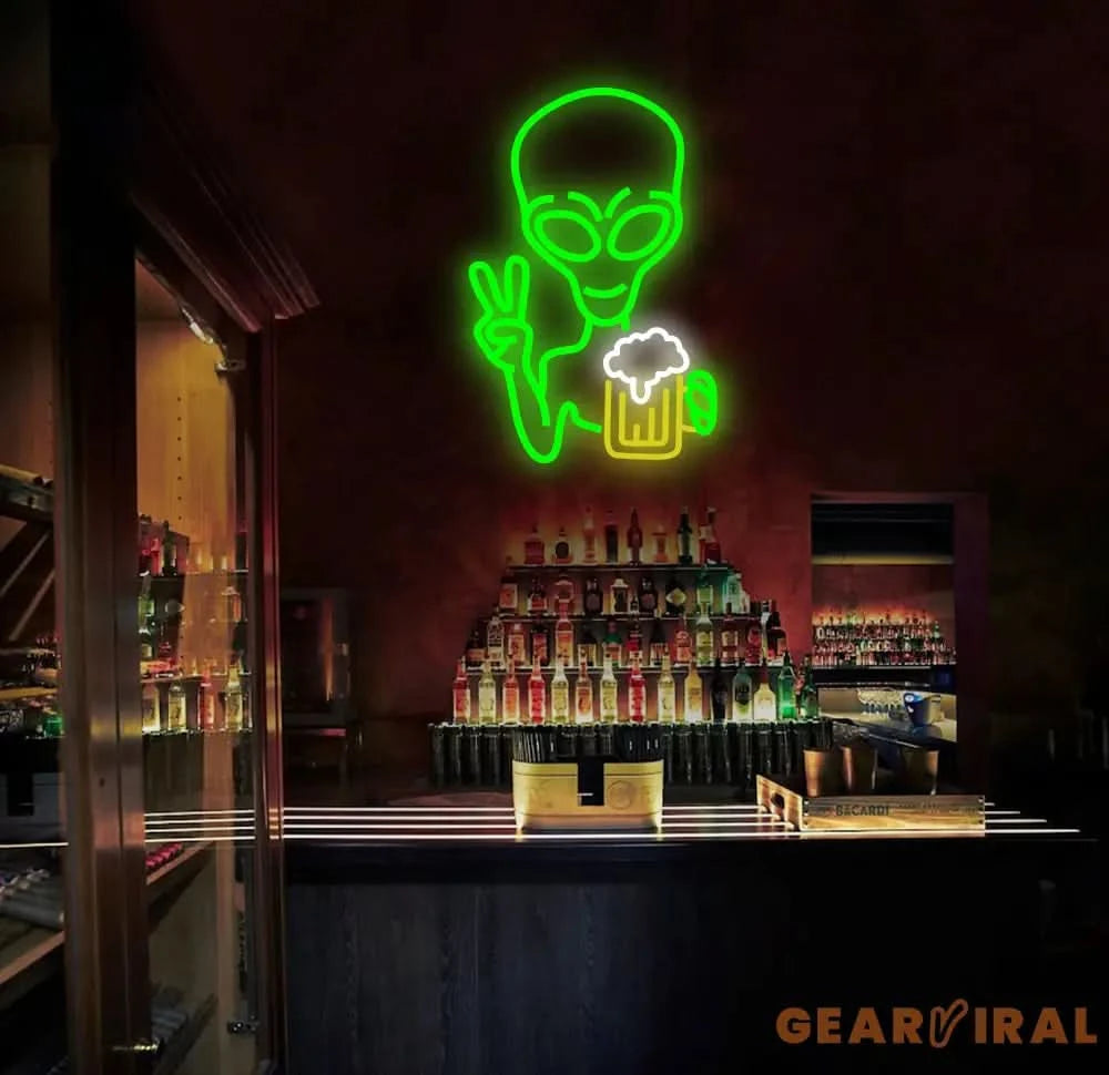 Green Alien Drinking Beer Neon Sign LED Signs for Wall Decor Signs for Bedroom Man Cave Game Room Bar Beer Pub Sign