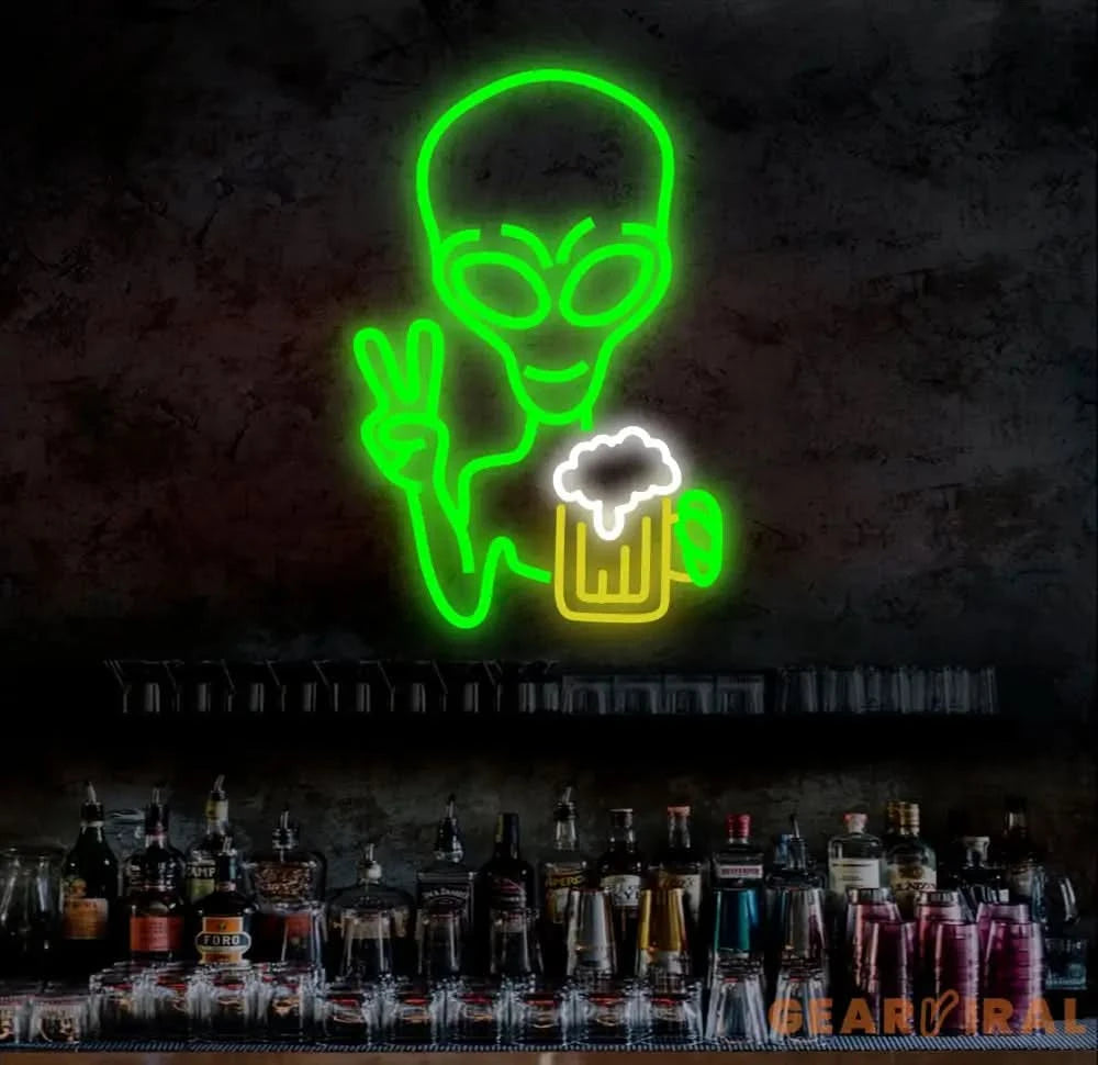 Green Alien Drinking Beer Neon Sign LED Signs for Wall Decor Signs for Bedroom Man Cave Game Room Bar Beer Pub Sign
