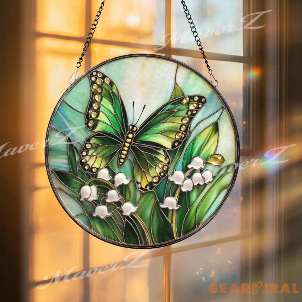 Green Butterfly and Lily of the Valley Stained Glass Suncatcher Spring Floral Window Hanging Art Nature Insect Garden