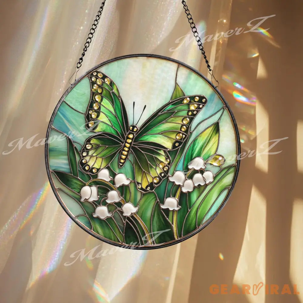 Green Butterfly and Lily of the Valley Stained Glass Suncatcher Spring Floral Window Hanging Art Nature Insect Garden