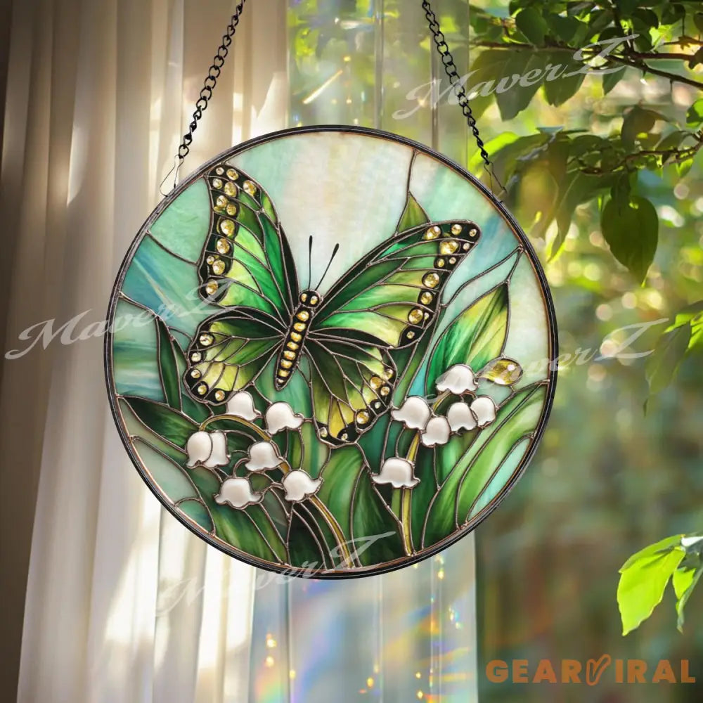 Green Butterfly and Lily of the Valley Stained Glass Suncatcher Spring Floral Window Hanging Art Nature Insect Garden