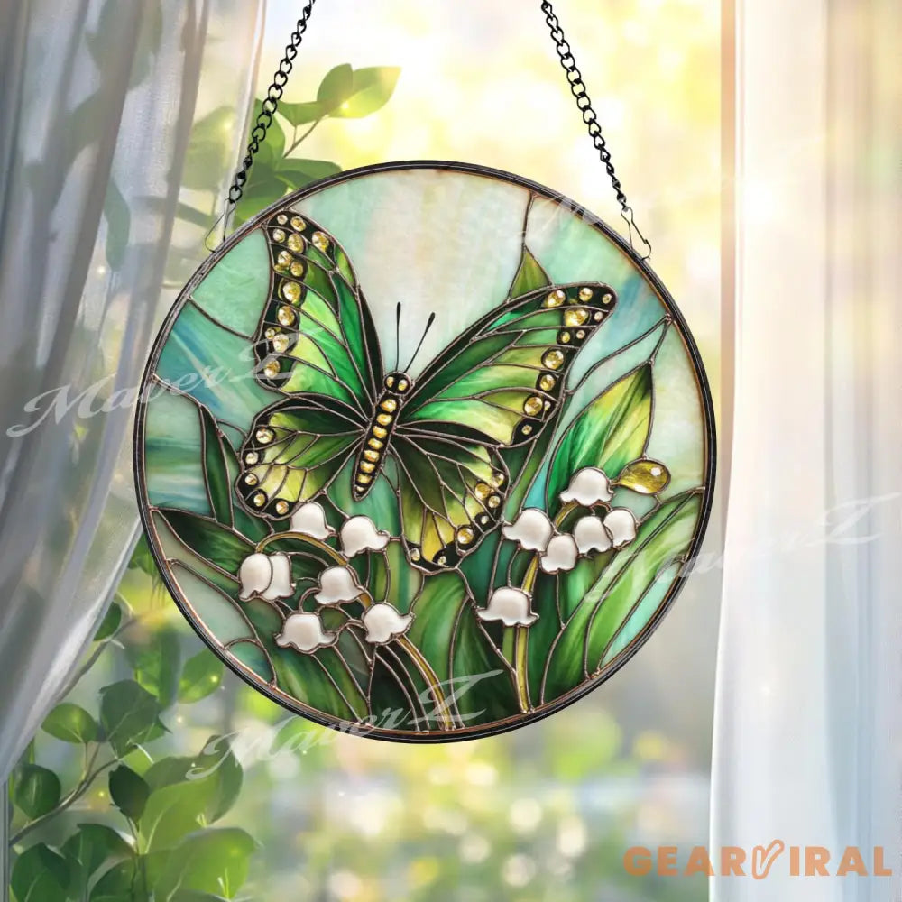 Green Butterfly and Lily of the Valley Stained Glass Suncatcher Spring Floral Window Hanging Art Nature Insect Garden