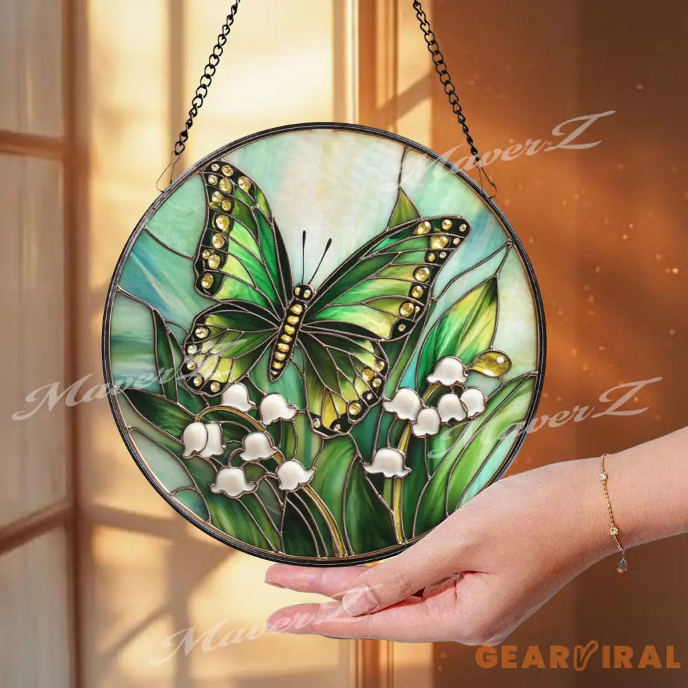 Green Butterfly and Lily of the Valley Stained Glass Suncatcher Spring Floral Window Hanging Art Nature Insect Garden