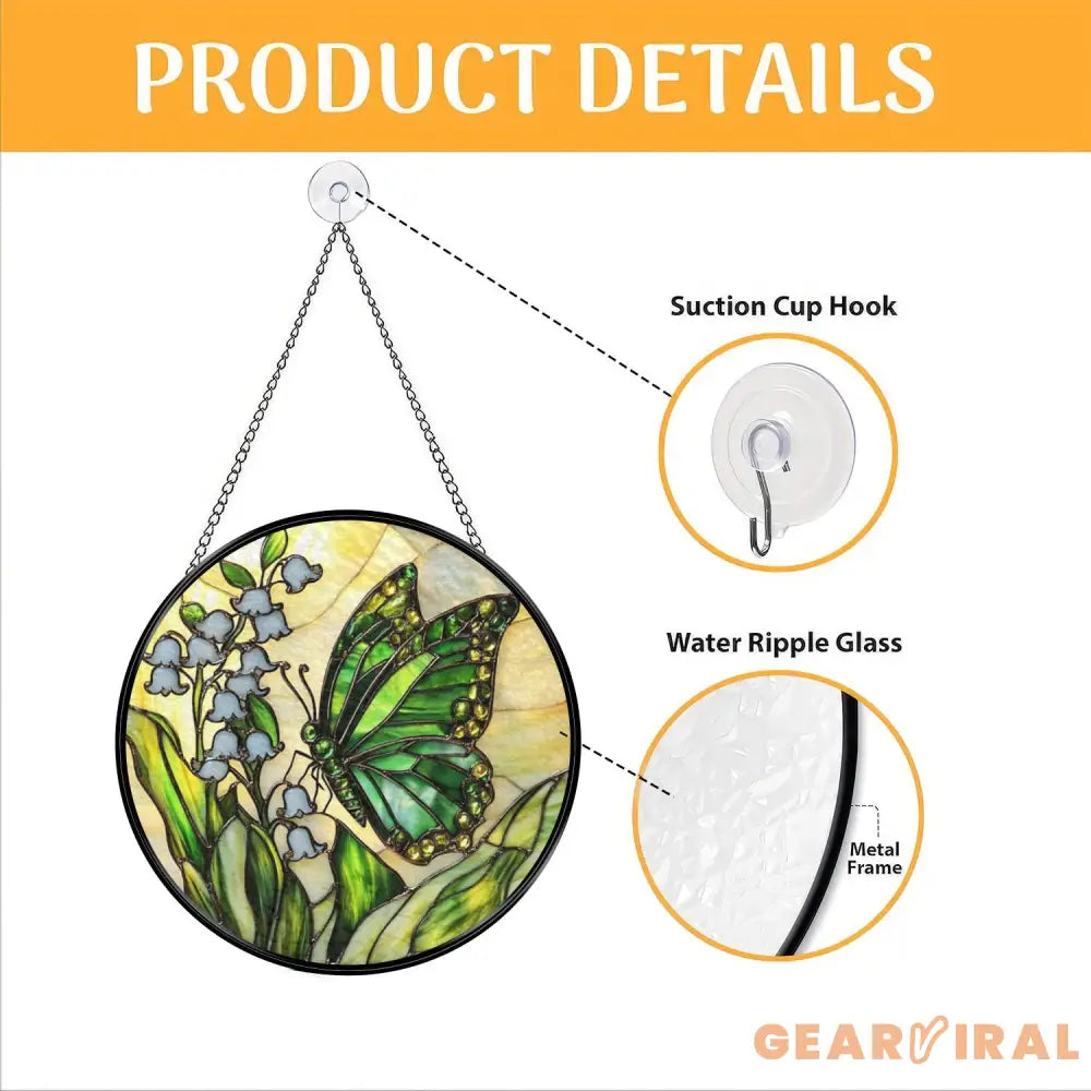 Green Butterfly and Lily of the Valley Stained Glass Suncatcher Spring Floral Window Hanging Nature Glass Art Gift