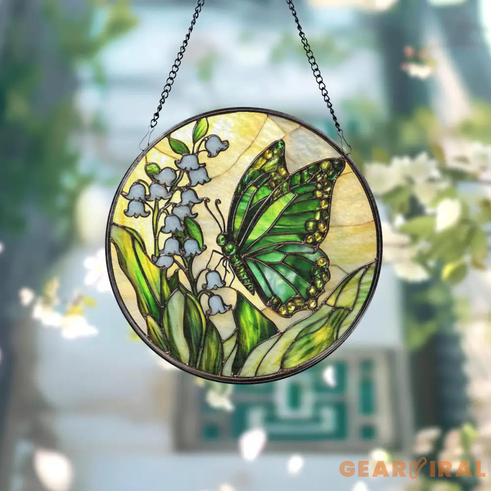 Green Butterfly and Lily of the Valley Stained Glass Suncatcher Spring Floral Window Hanging Nature Glass Art Gift