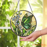 Green Butterfly and Lily of the Valley Stained Glass Suncatcher Spring Floral Window Hanging Nature Glass Art Gift