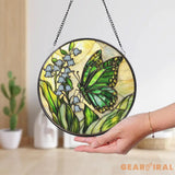 Green Butterfly and Lily of the Valley Stained Glass Suncatcher Spring Floral Window Hanging Nature Glass Art Gift