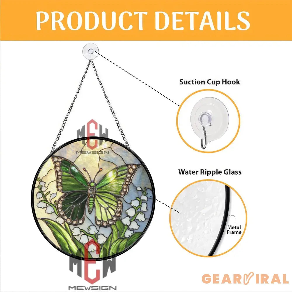 Green Butterfly Stained Glass Suncatcher Lily of the Valley Window Panel Nature Garden Decor Spring Butterfly Glass Art