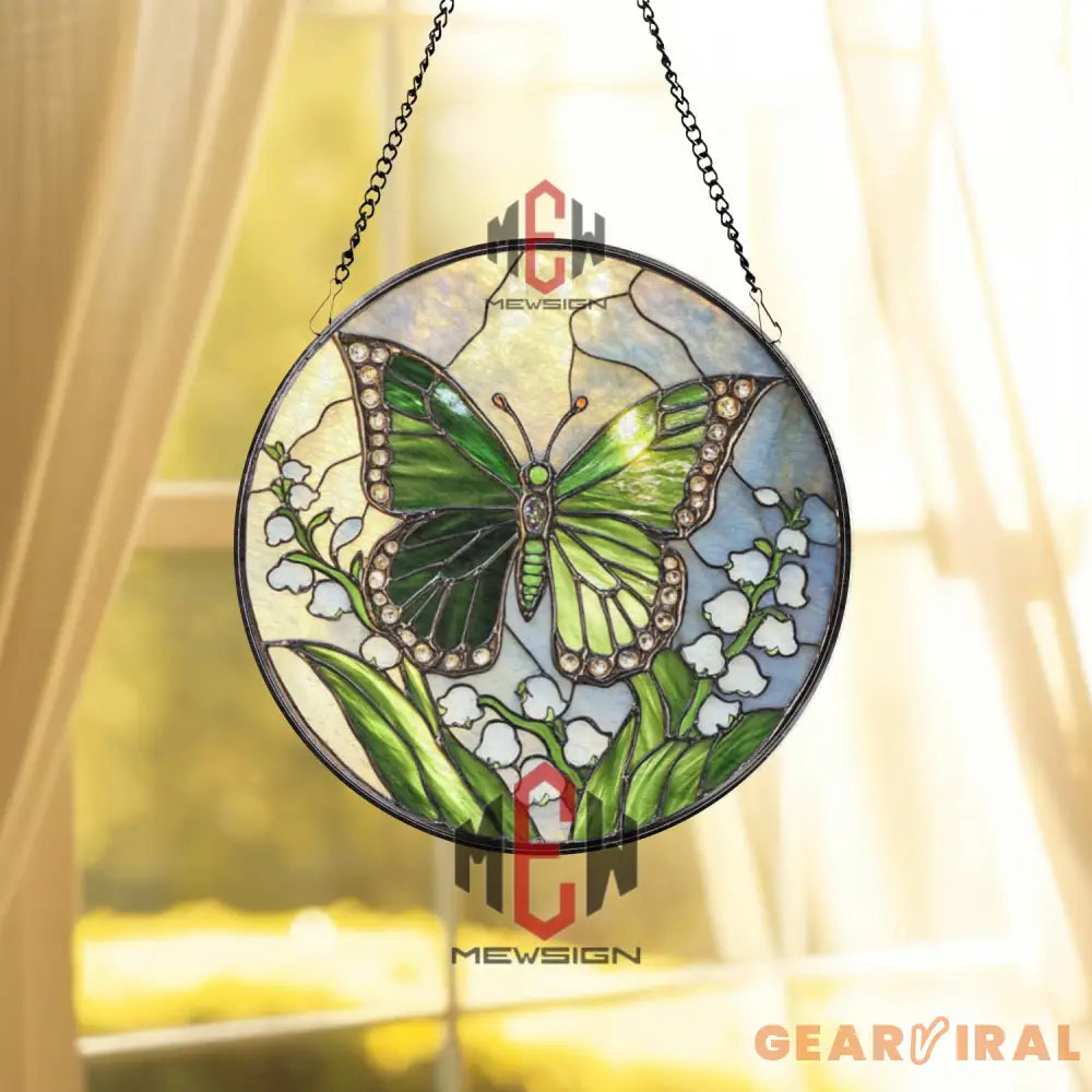 Green Butterfly Stained Glass Suncatcher Lily of the Valley Window Panel Nature Garden Decor Spring Butterfly Glass Art