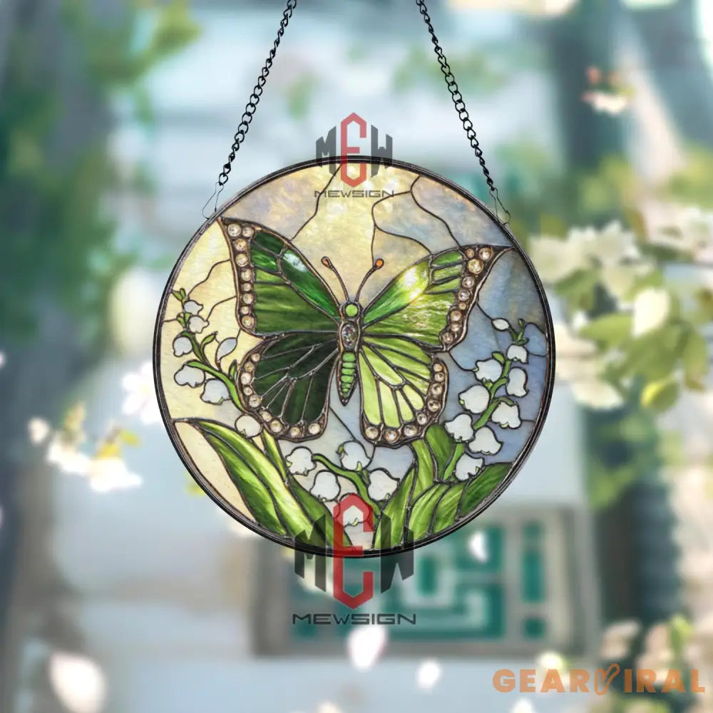 Green Butterfly Stained Glass Suncatcher Lily of the Valley Window Panel Nature Garden Decor Spring Butterfly Glass Art