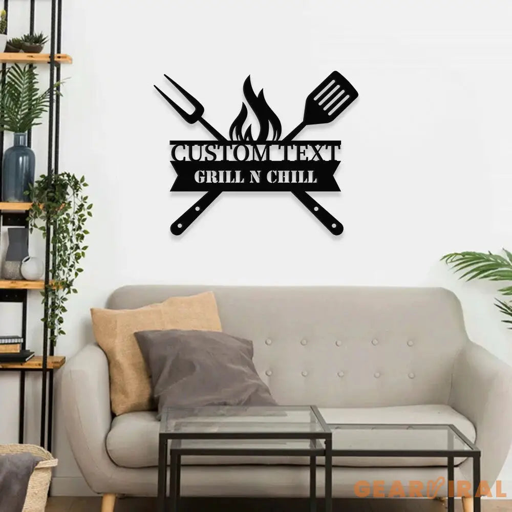 Grill Sign Metal Wall Art - Personalized Grill and Chill Metal LED Sign Kitchen Sign Wall Decor Outdoor Metal Sign