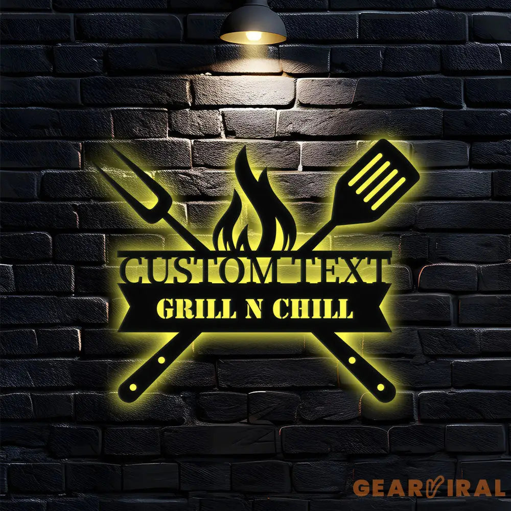 Grill Sign Metal Wall Art - Personalized Grill and Chill Metal LED Sign Kitchen Sign Wall Decor Outdoor Metal Sign
