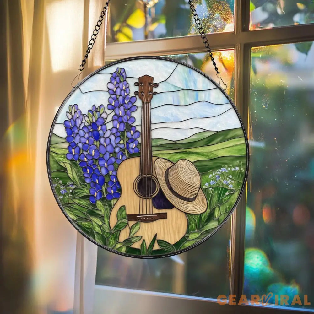 Guitar & Hat Stained Glass Suncatcher Country Window Hanging with Bluebonnets Rustic Music Decor Round Farmhouse Panel