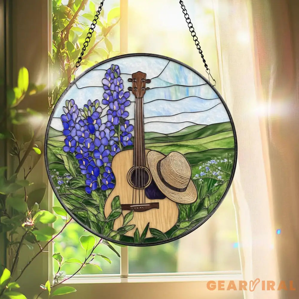 Guitar & Hat Stained Glass Suncatcher Country Window Hanging with Bluebonnets Rustic Music Decor Round Farmhouse Panel