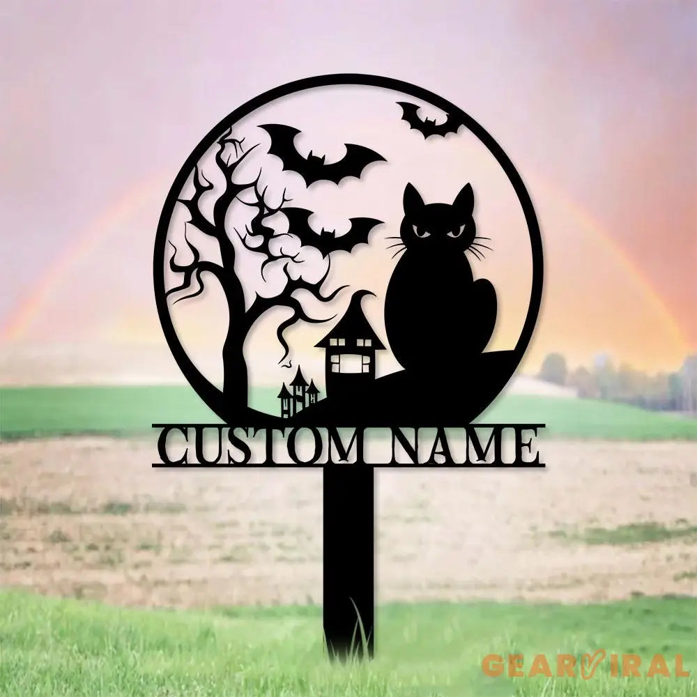 Halloween Metal Sign Black Cat Garden Metal Stake Personalized Family Name Yard Sign Outdoor Door Garden Decor Garden