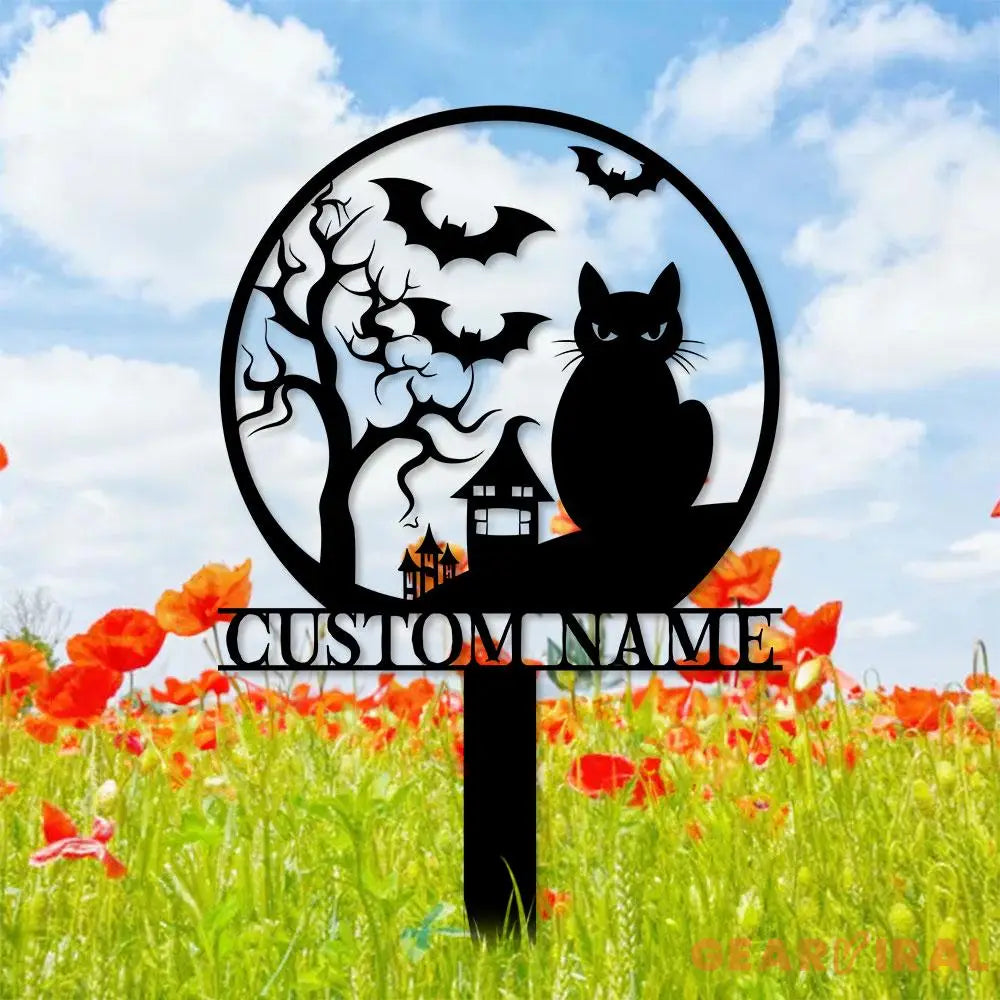 Halloween Metal Sign Black Cat Garden Metal Stake Personalized Family Name Yard Sign Outdoor Door Garden Decor Garden