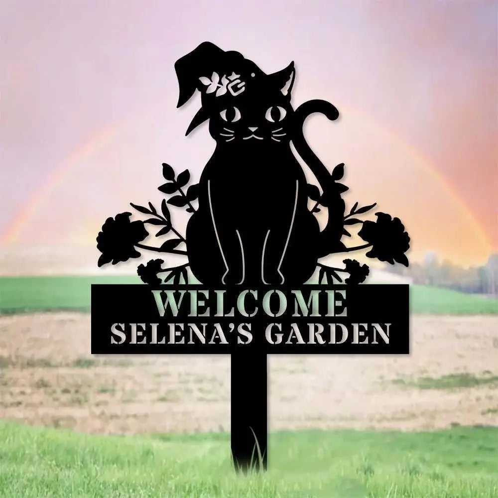 Halloween Metal Sign Black Cat Garden Metal Stake Personalized Family Name Yard Sign Outdoor Door Garden Decor Garden
