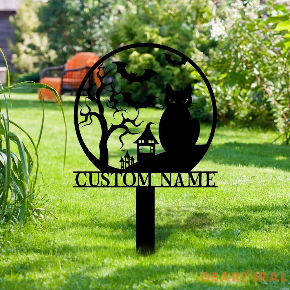 Halloween Metal Sign Black Cat Garden Metal Stake Personalized Family Name Yard Sign Outdoor Door Garden Decor Garden