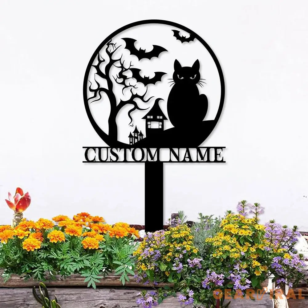 Halloween Metal Sign Black Cat Garden Metal Stake Personalized Family Name Yard Sign Outdoor Door Garden Decor Garden