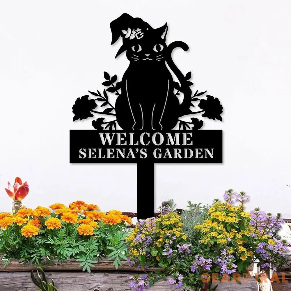 Halloween Metal Sign Black Cat Garden Metal Stake Personalized Family Name Yard Sign Outdoor Door Garden Decor Garden