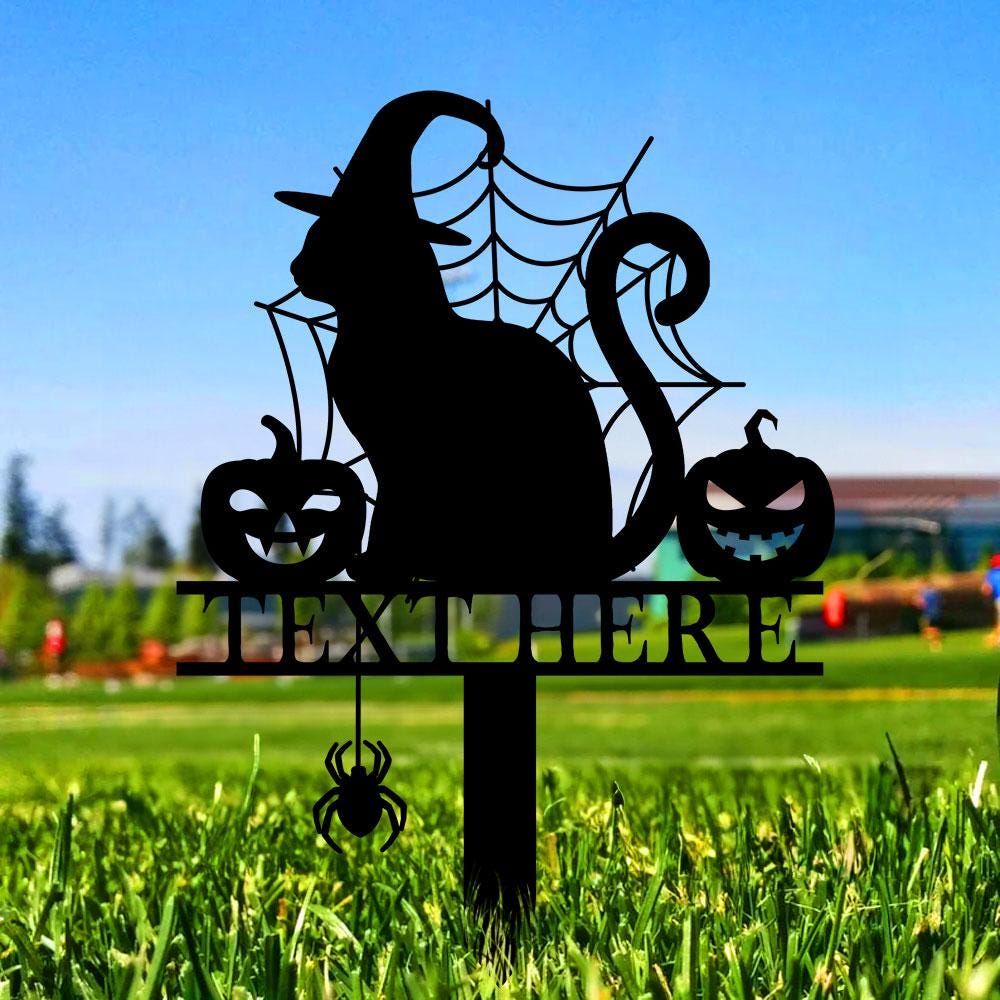 Halloween Metal Sign Cat with Hat Garden Metal Stake, Personalized Name Yard Sign, Outdoor Door Garden Decor, Garden Art, Housewarming