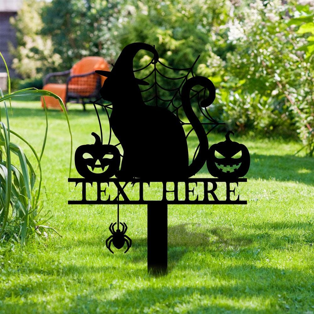 Halloween Metal Sign Cat with Hat Garden Metal Stake, Personalized Name Yard Sign, Outdoor Door Garden Decor, Garden Art, Housewarming