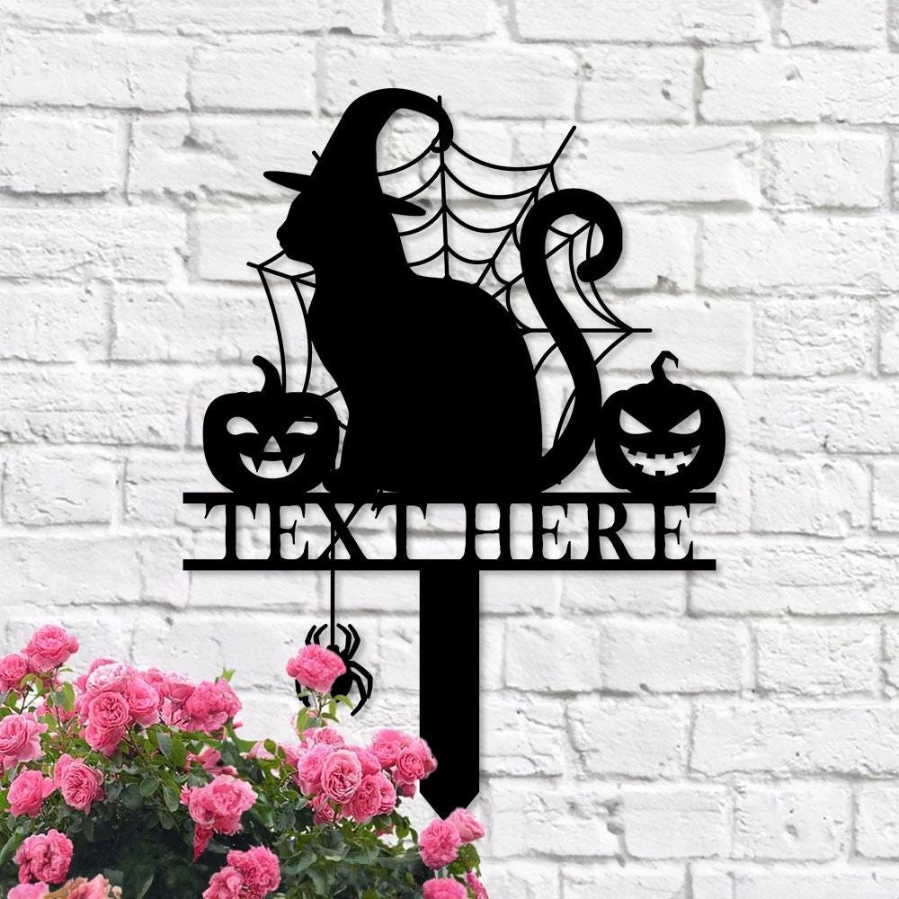 Halloween Metal Sign Cat with Hat Garden Metal Stake, Personalized Name Yard Sign, Outdoor Door Garden Decor, Garden Art, Housewarming